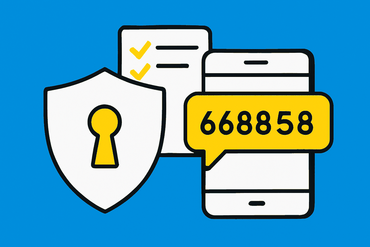 Escudo e telefone recebendo código de seis dígitos